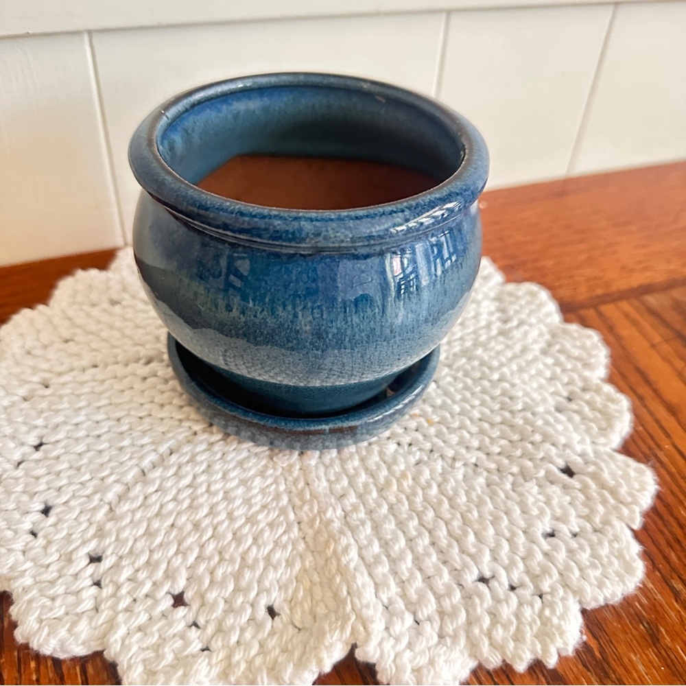 Handmade blue pottery planter small